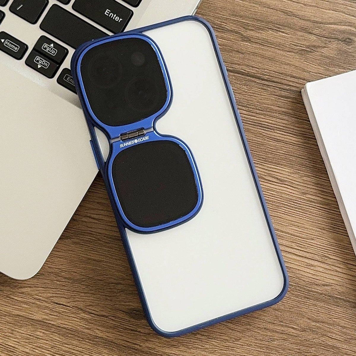 ELECTROPRIME For iPhone 15 Metal Sunglasses Holder TPU + PC Phone Case(Blue)