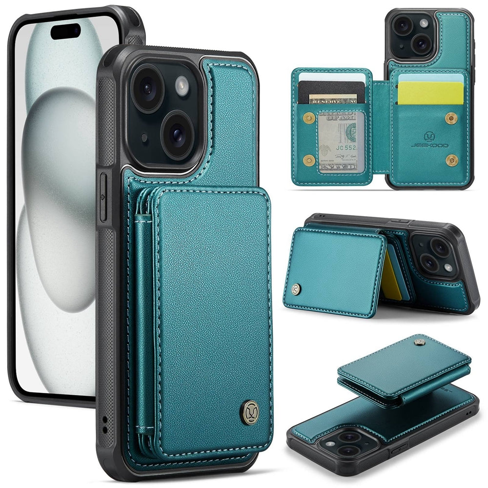ELECTROPRIME For iPhone 15 Plus JEEHOOD J05 Business Magnetic Style RFID Leather Phone Case(Blue Green)