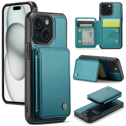 ELECTROPRIME For iPhone 15 JEEHOOD J05 Business Magnetic Style RFID Leather Phone Case(Blue Green)