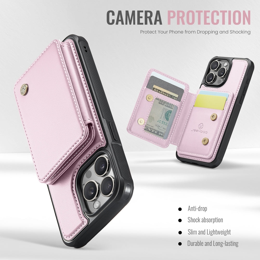 ELECTROPRIME For iPhone 15 JEEHOOD J05 Business Magnetic Style RFID Leather Phone Case(Pink)