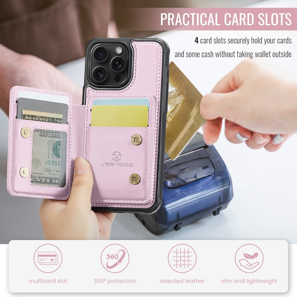 ELECTROPRIME For iPhone 15 JEEHOOD J05 Business Magnetic Style RFID Leather Phone Case(Pink)