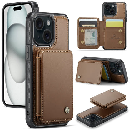 ELECTROPRIME For iPhone 15 JEEHOOD J05 Business Magnetic Style RFID Leather Phone Case(Brown)