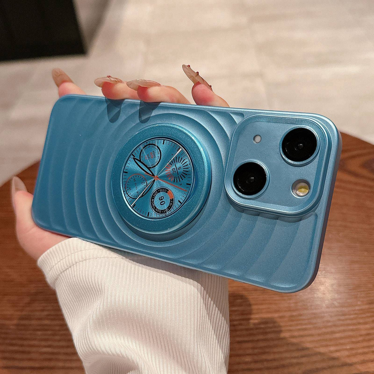 ELECTROPRIME For iPhone 15 Wave Texture PC Shockproof Phone Case with Holder(Blue)