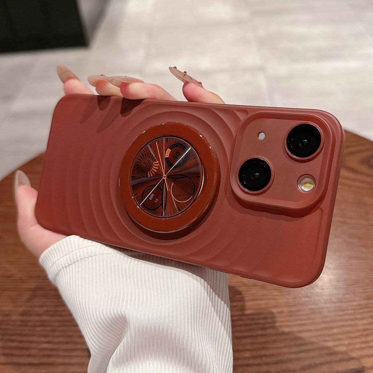 ELECTROPRIME For iPhone 15 Wave Texture PC Shockproof Phone Case with Holder(Maroon Red)