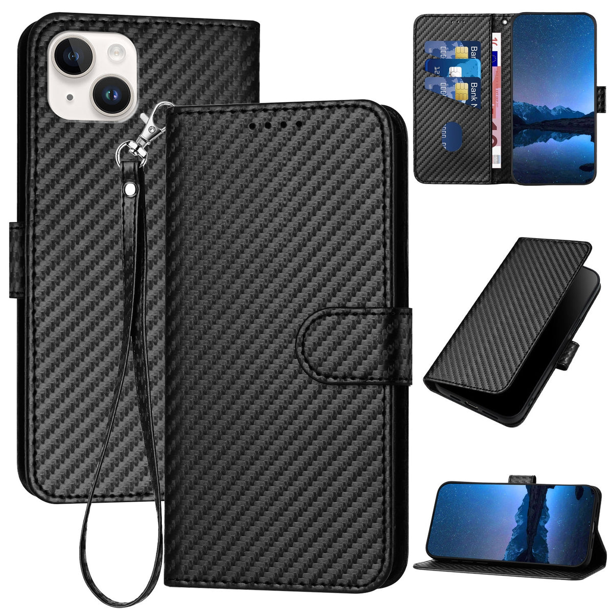 ELECTROPRIME For iPhone 15 Plus YX0070 Carbon Fiber Buckle Leather Phone Case with Lanyard(Black)