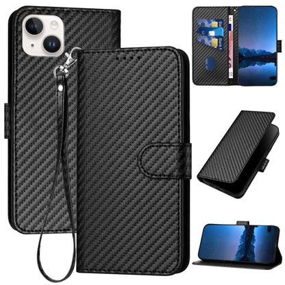 ELECTROPRIME For iPhone 15 Plus YX0070 Carbon Fiber Buckle Leather Phone Case with Lanyard(Black)