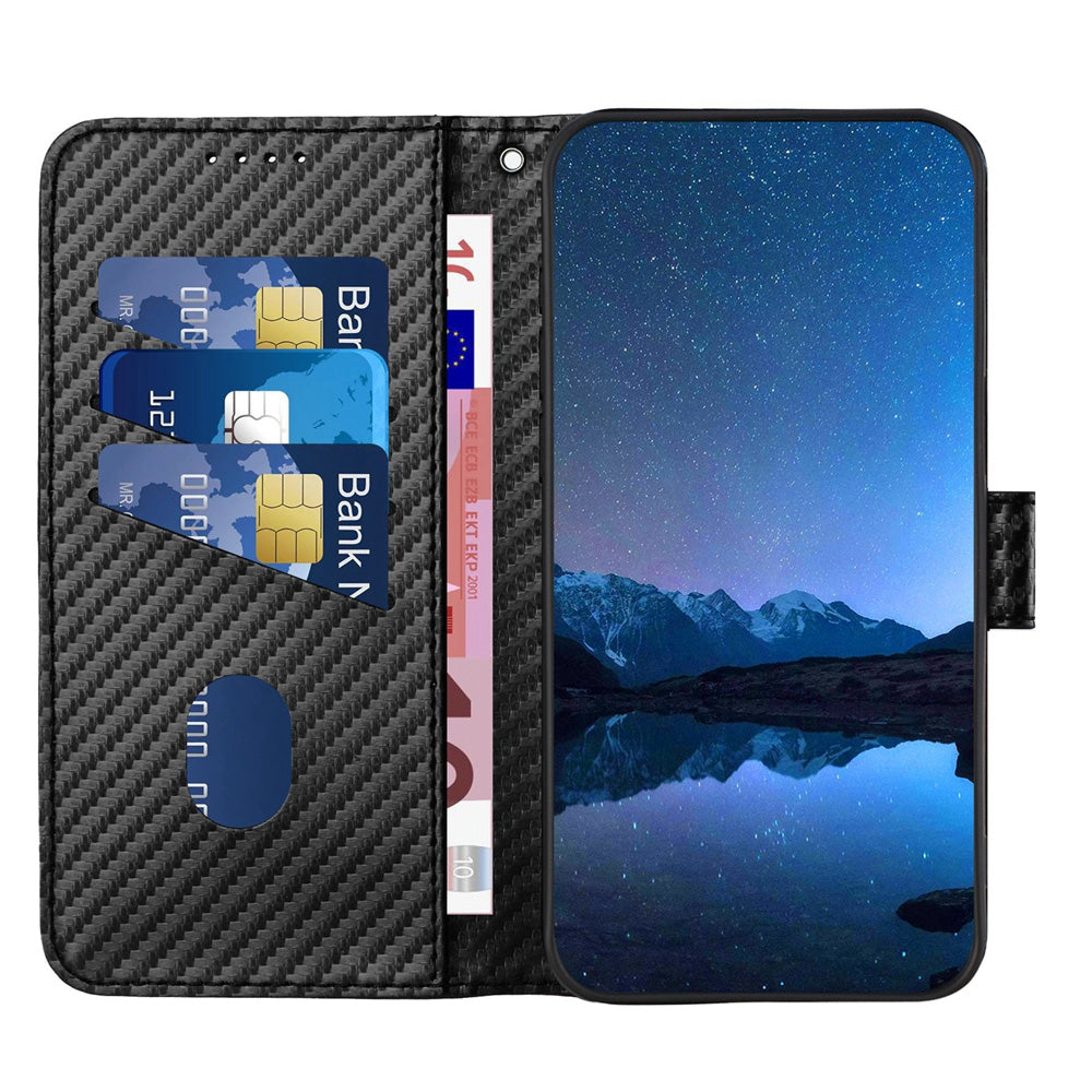 ELECTROPRIME For iPhone 15 Plus YX0070 Carbon Fiber Buckle Leather Phone Case with Lanyard(Black)