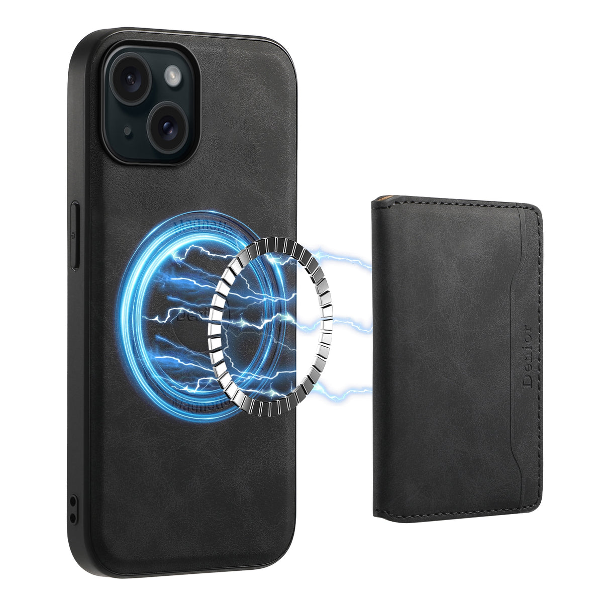 ELECTROPRIME For iPhone 15 Denior D13 Retro Texture Leather MagSafe Card Bag Phone Case(Black)
