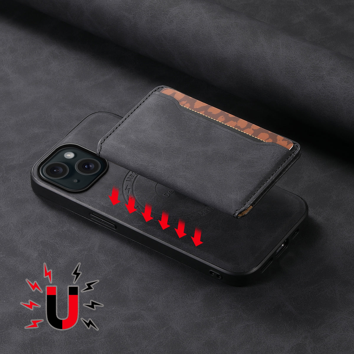 ELECTROPRIME For iPhone 15 Denior D13 Retro Texture Leather MagSafe Card Bag Phone Case(Black)