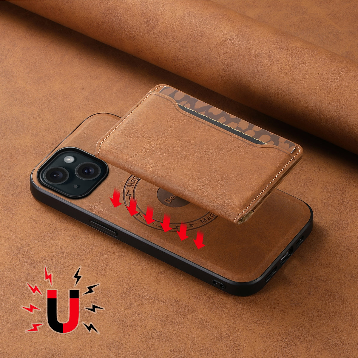 ELECTROPRIME For iPhone 15 Denior D13 Retro Texture Leather MagSafe Card Bag Phone Case(Brown)