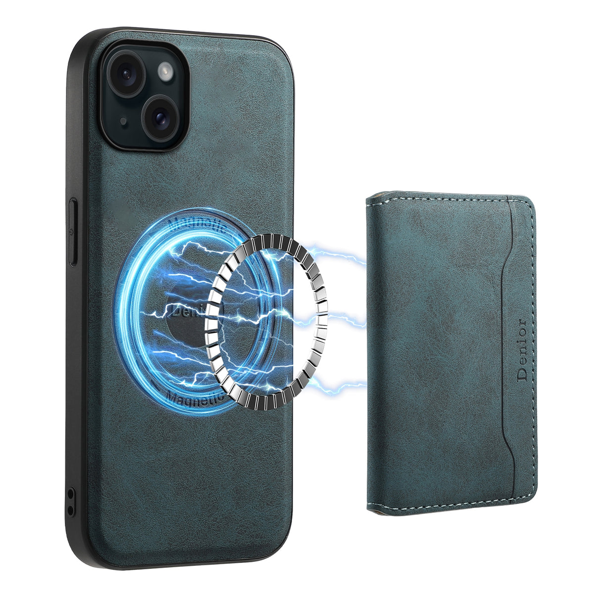 ELECTROPRIME For iPhone 15 Plus Denior D13 Retro Texture Leather MagSafe Card Bag Phone Case(Blue)