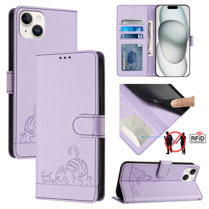 ELECTROPRIME For iPhone 15 Plus Cat Rat Embossed Pattern RFID Leather Phone Case with Lanyard(Purple)