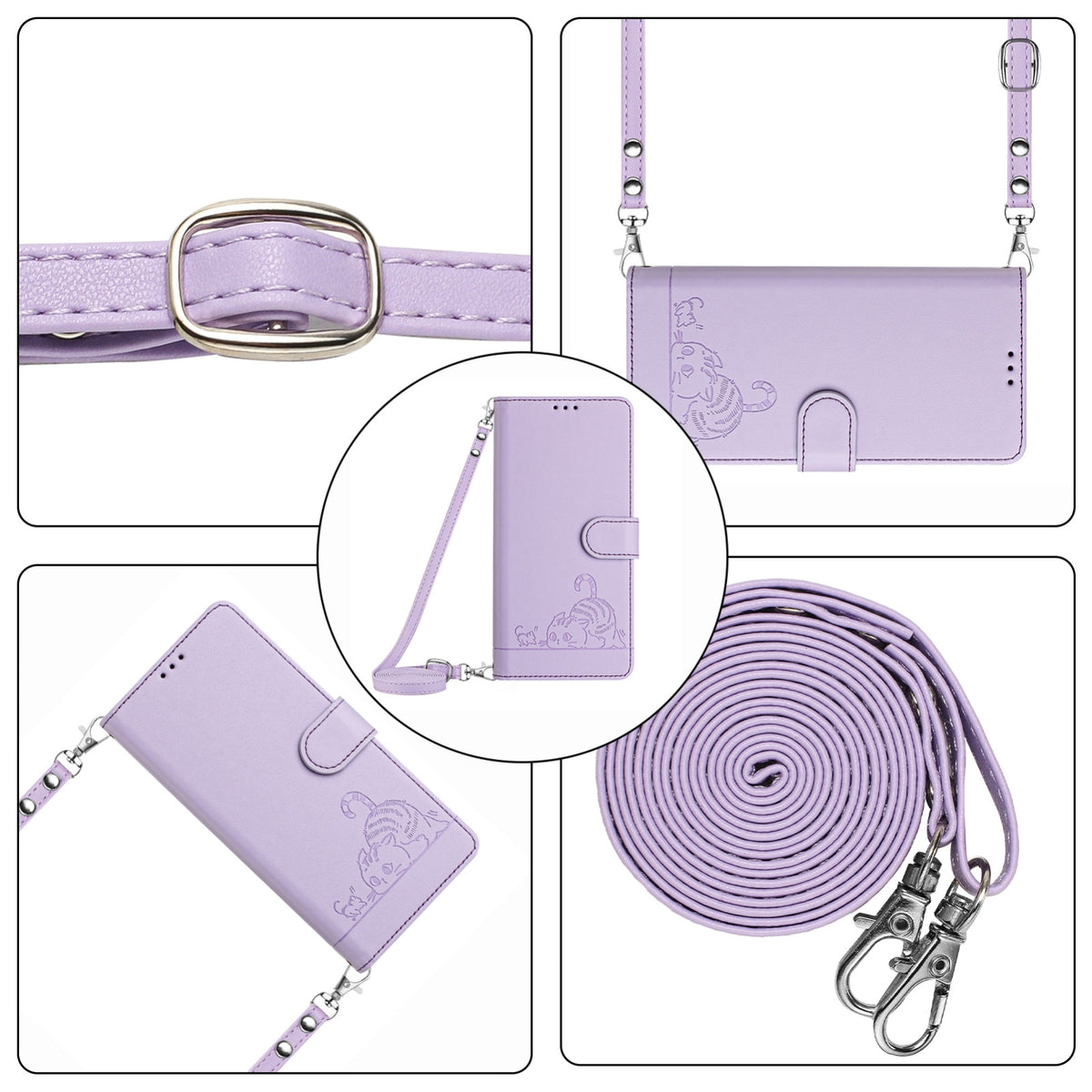 ELECTROPRIME For iPhone 15 Plus Cat Rat Embossed Pattern RFID Leather Phone Case with Lanyard(Purple)