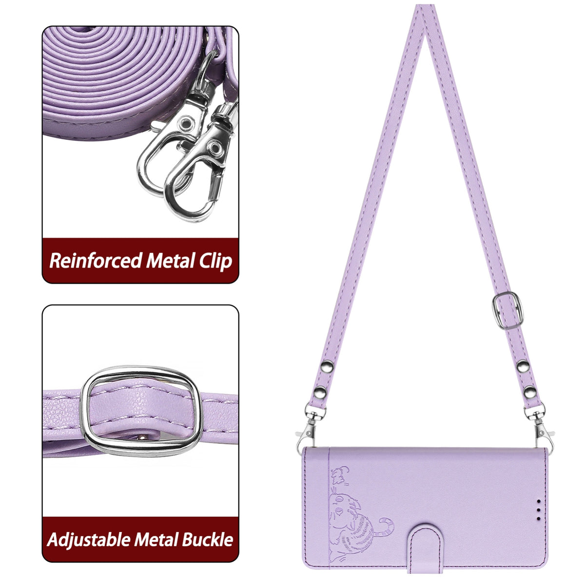 ELECTROPRIME For iPhone 15 Plus Cat Rat Embossed Pattern RFID Leather Phone Case with Lanyard(Purple)