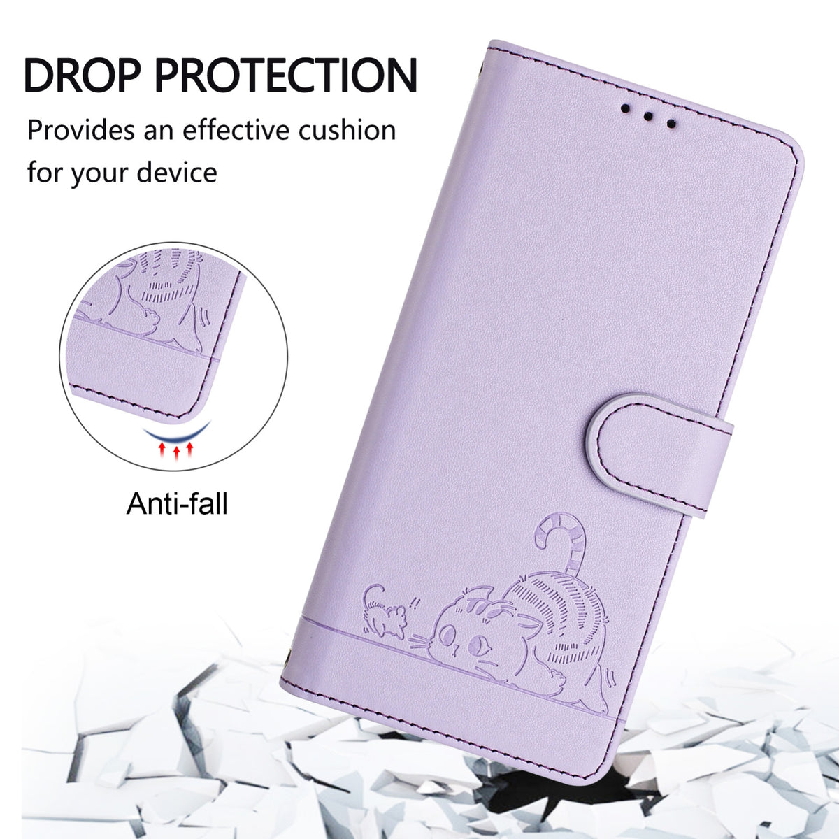 ELECTROPRIME For iPhone 15 Plus Cat Rat Embossed Pattern RFID Leather Phone Case with Lanyard(Purple)