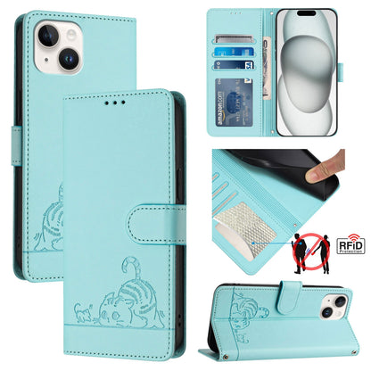 ELECTROPRIME For iPhone 15 Cat Rat Embossed Pattern RFID Leather Phone Case with Lanyard(Mint Green)