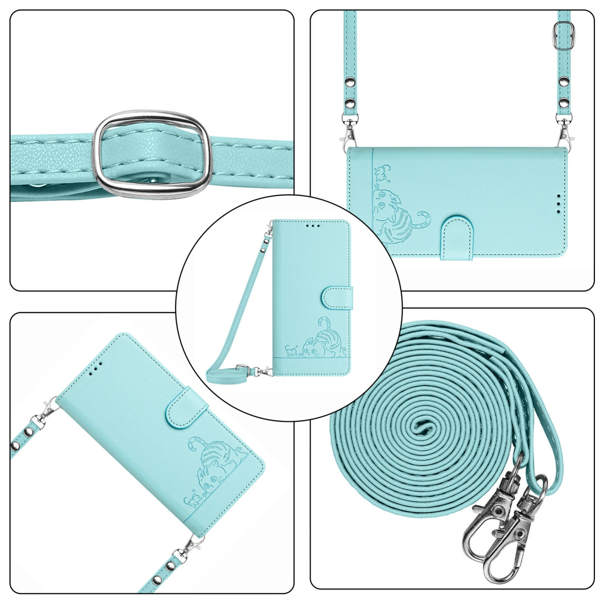 ELECTROPRIME For iPhone 15 Cat Rat Embossed Pattern RFID Leather Phone Case with Lanyard(Mint Green)
