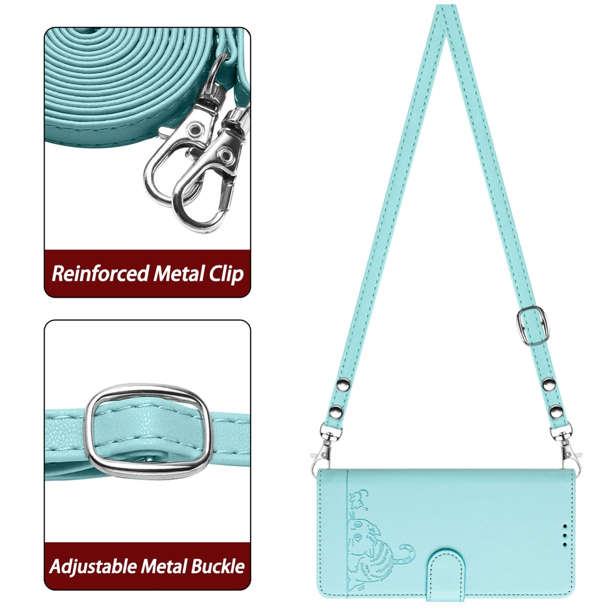 ELECTROPRIME For iPhone 15 Cat Rat Embossed Pattern RFID Leather Phone Case with Lanyard(Mint Green)