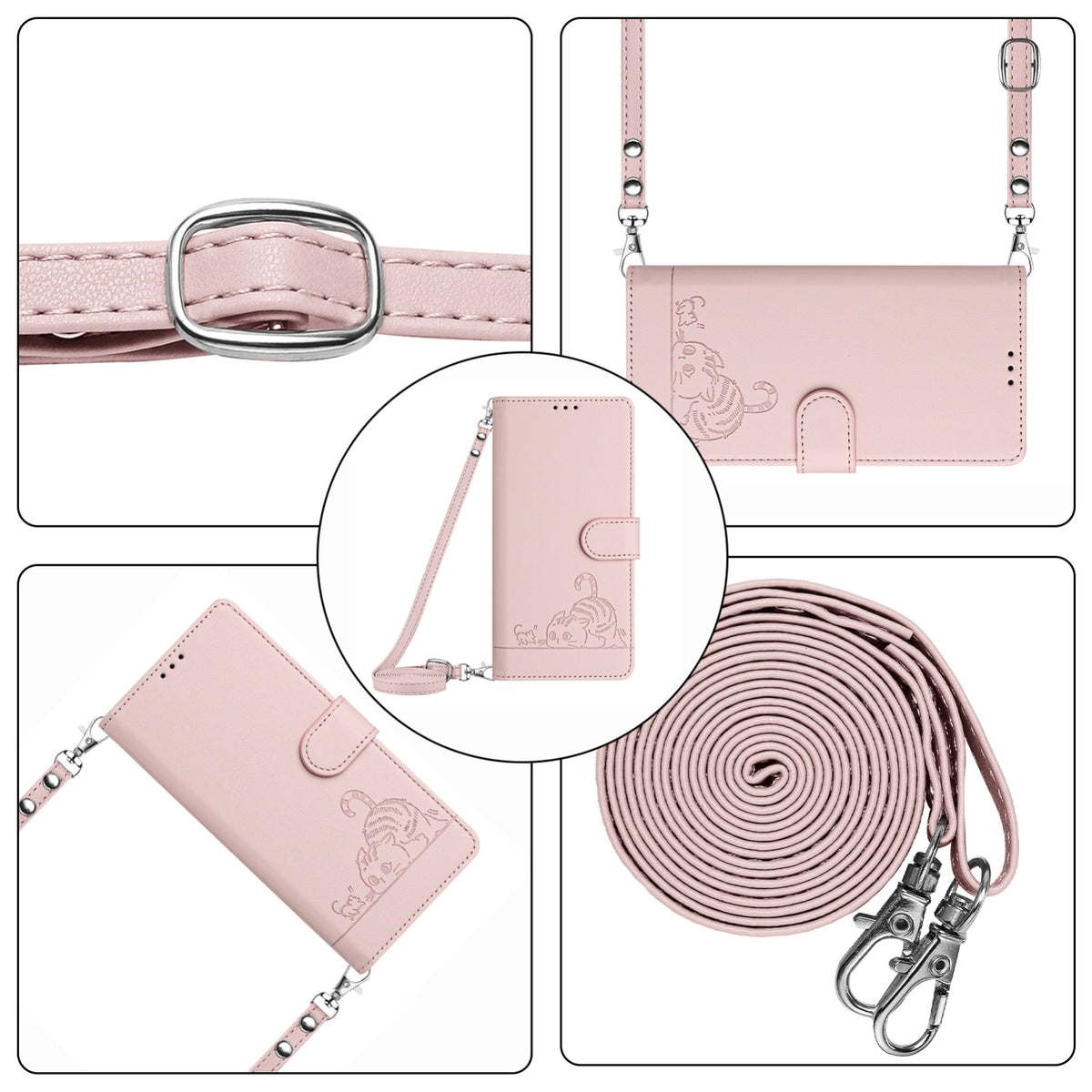 ELECTROPRIME For iPhone 15 Cat Rat Embossed Pattern RFID Leather Phone Case with Lanyard(Pink)