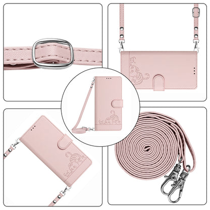ELECTROPRIME For iPhone 15 Cat Rat Embossed Pattern RFID Leather Phone Case with Lanyard(Pink)
