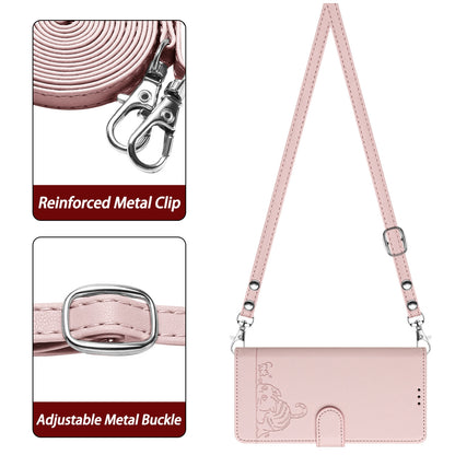 ELECTROPRIME For iPhone 15 Cat Rat Embossed Pattern RFID Leather Phone Case with Lanyard(Pink)