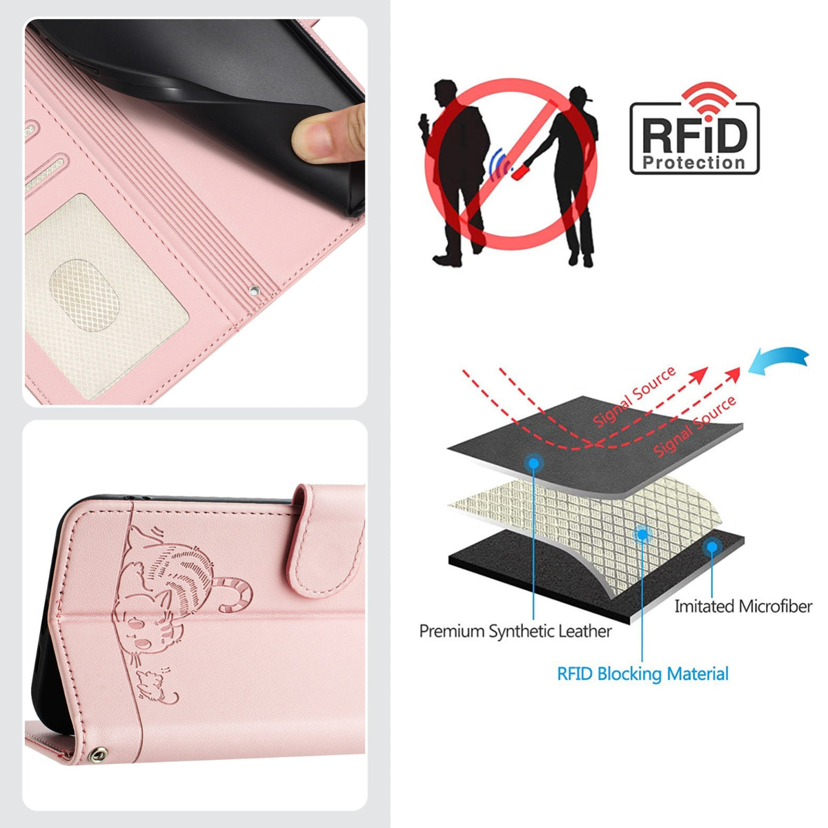 ELECTROPRIME For iPhone 15 Cat Rat Embossed Pattern RFID Leather Phone Case with Lanyard(Pink)
