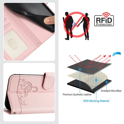 ELECTROPRIME For iPhone 15 Cat Rat Embossed Pattern RFID Leather Phone Case with Lanyard(Pink)