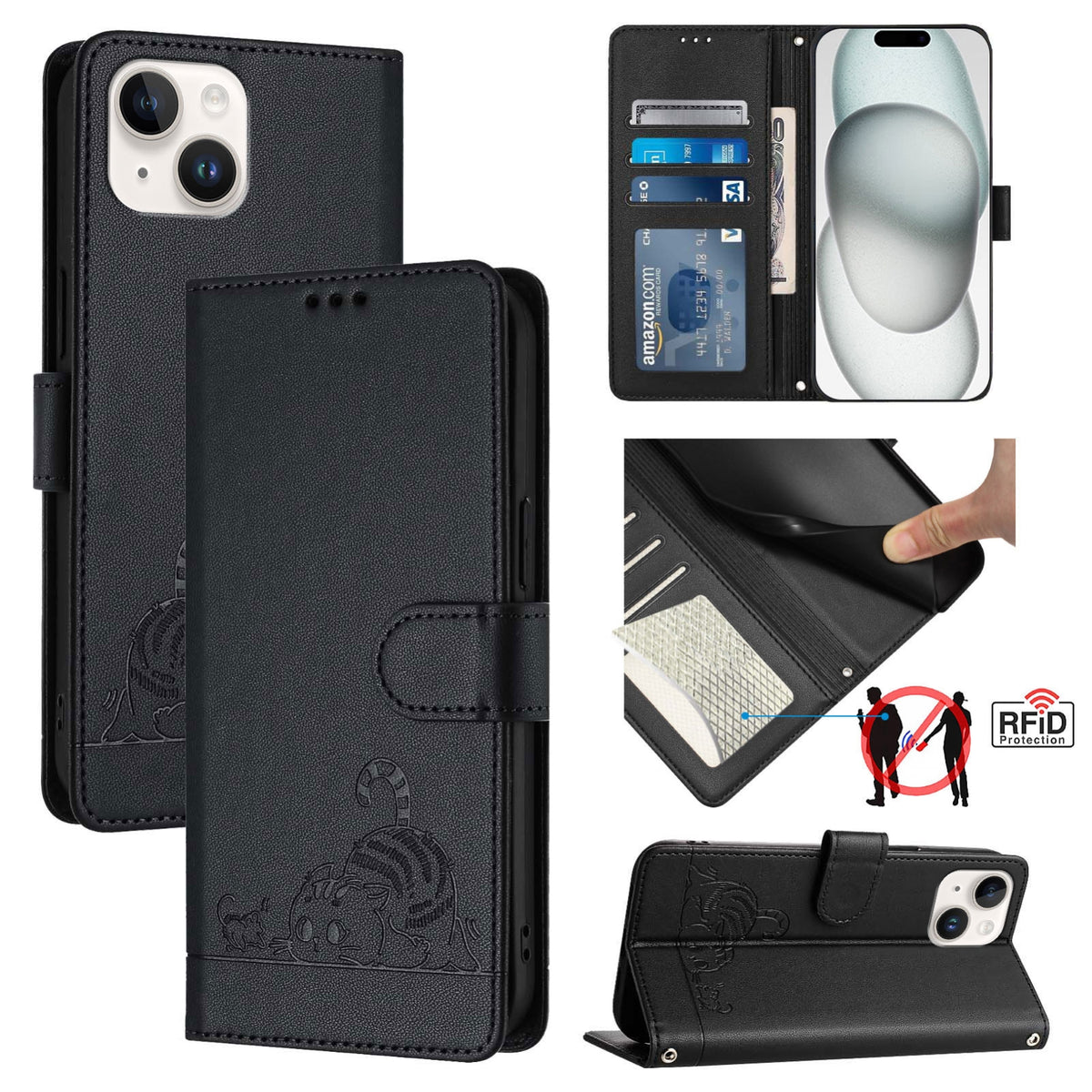 ELECTROPRIME For iPhone 15 Cat Rat Embossed Pattern RFID Leather Phone Case with Lanyard(Black)