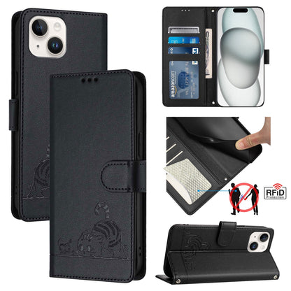 ELECTROPRIME For iPhone 15 Cat Rat Embossed Pattern RFID Leather Phone Case with Lanyard(Black)