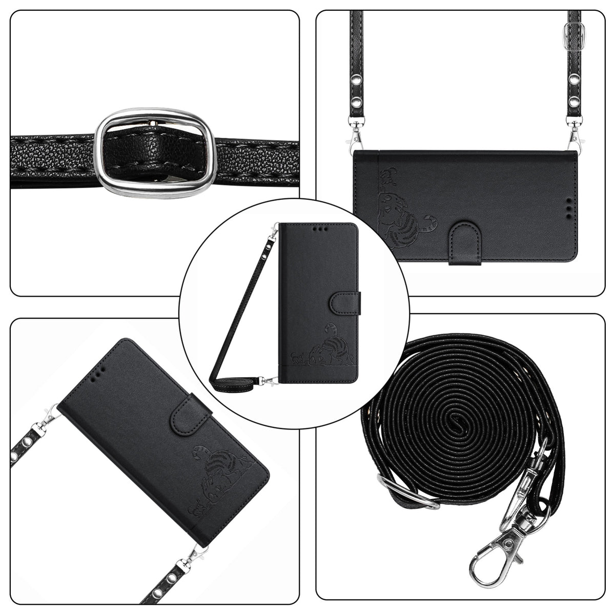 ELECTROPRIME For iPhone 15 Cat Rat Embossed Pattern RFID Leather Phone Case with Lanyard(Black)