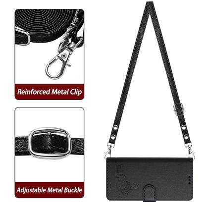 ELECTROPRIME For iPhone 15 Cat Rat Embossed Pattern RFID Leather Phone Case with Lanyard(Black)