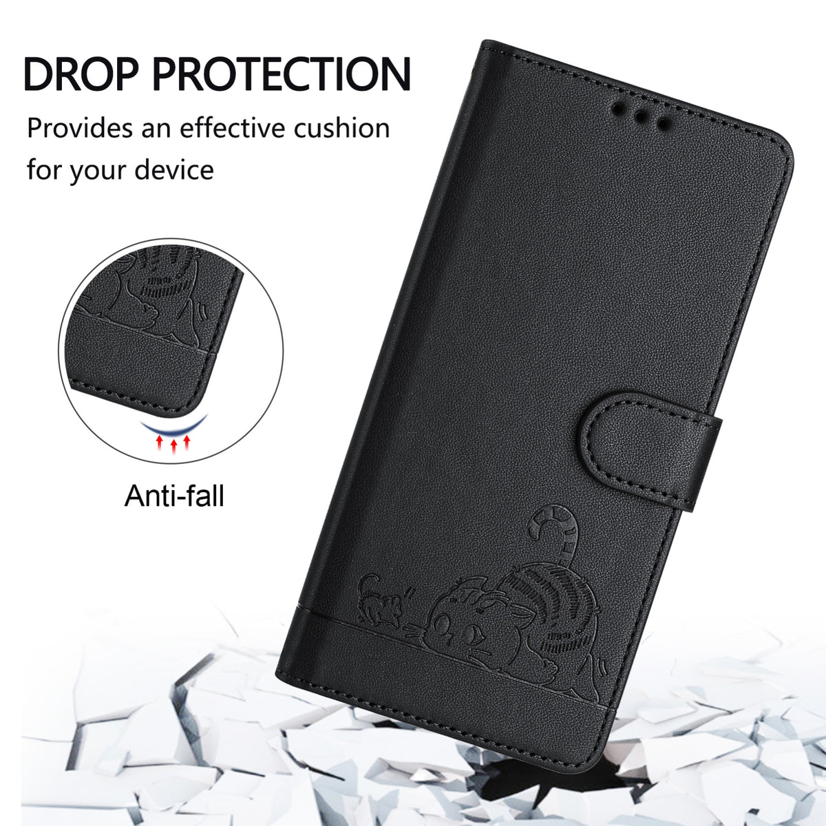 ELECTROPRIME For iPhone 15 Cat Rat Embossed Pattern RFID Leather Phone Case with Lanyard(Black)