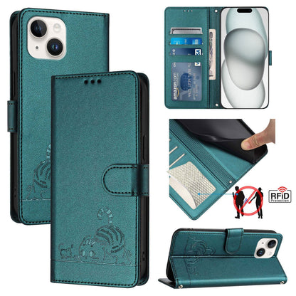 ELECTROPRIME For iPhone 15 Cat Rat Embossed Pattern RFID Leather Phone Case with Lanyard(Peacock Green)