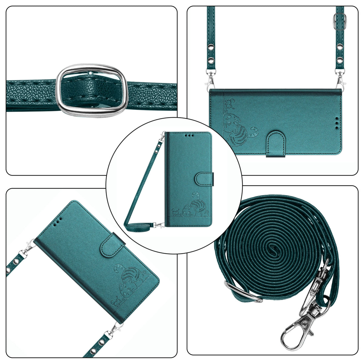 ELECTROPRIME For iPhone 15 Cat Rat Embossed Pattern RFID Leather Phone Case with Lanyard(Peacock Green)