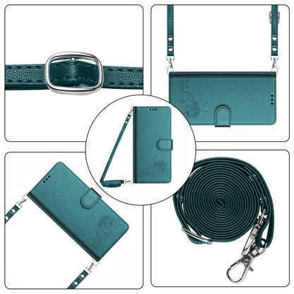 ELECTROPRIME For iPhone 15 Cat Rat Embossed Pattern RFID Leather Phone Case with Lanyard(Peacock Green)