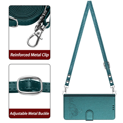 ELECTROPRIME For iPhone 15 Cat Rat Embossed Pattern RFID Leather Phone Case with Lanyard(Peacock Green)