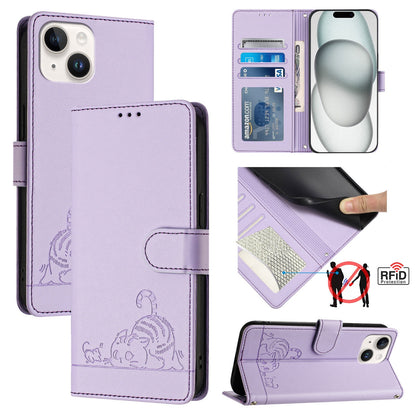 ELECTROPRIME For iPhone 15 Cat Rat Embossed Pattern RFID Leather Phone Case with Lanyard(Purple)