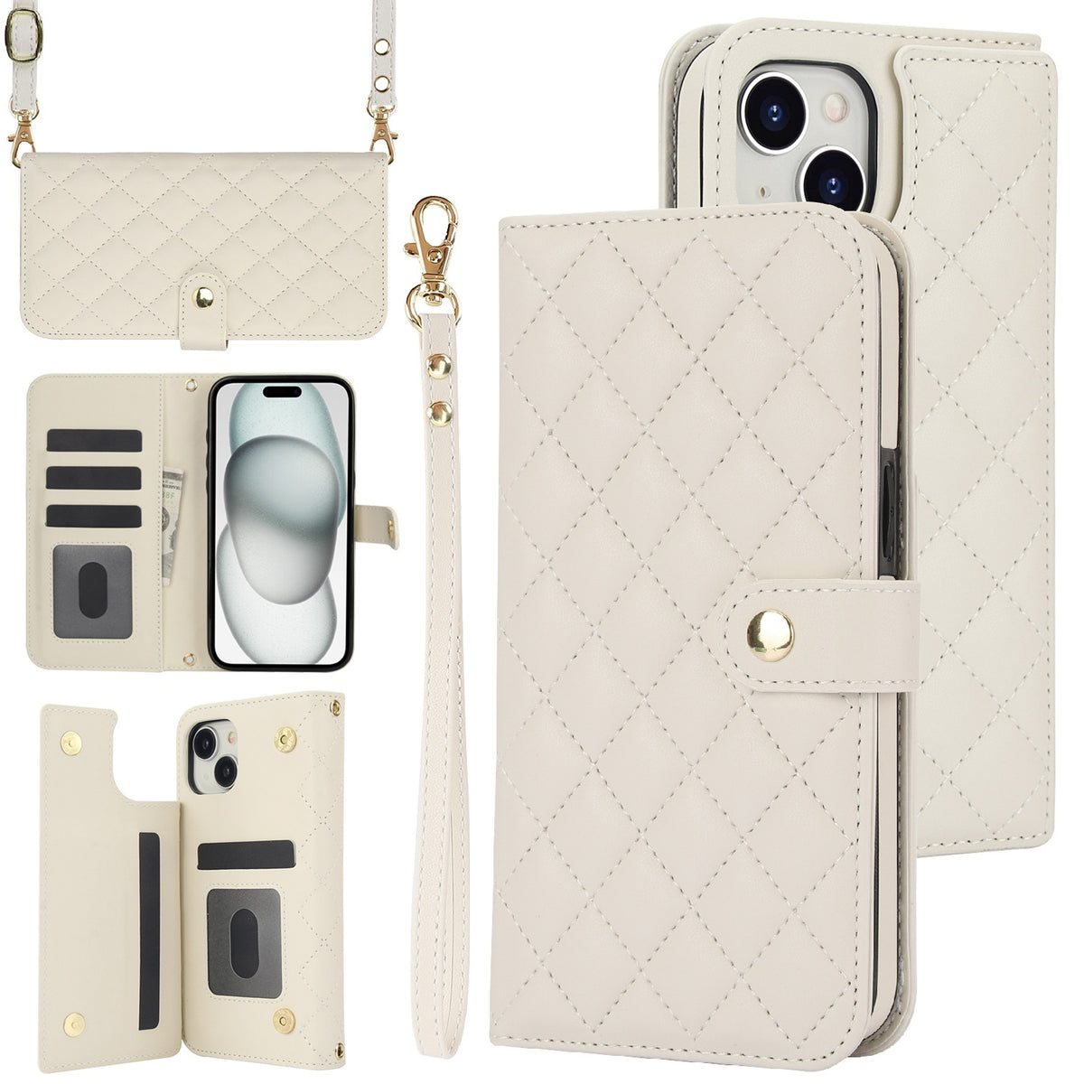 ELECTROPRIME For iPhone 15 Crossbody Multifunction Rhombic Leather Phone Case(White)