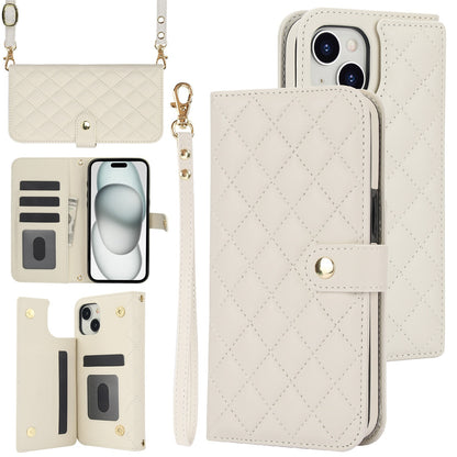 ELECTROPRIME For iPhone 15 Crossbody Multifunction Rhombic Leather Phone Case(White)