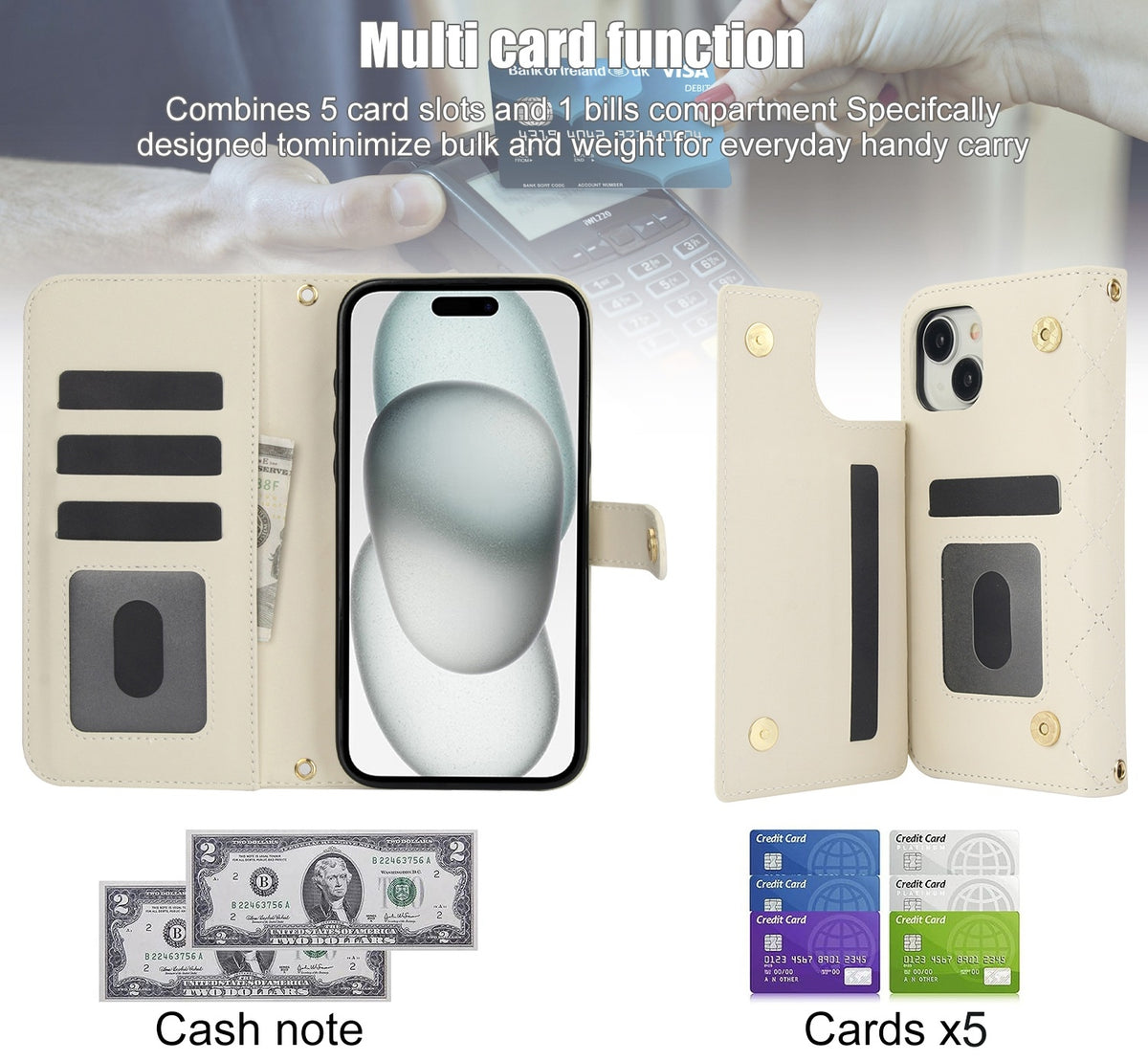ELECTROPRIME For iPhone 15 Crossbody Multifunction Rhombic Leather Phone Case(White)