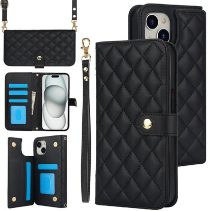 ELECTROPRIME For iPhone 15 Crossbody Multifunction Rhombic Leather Phone Case(Black)