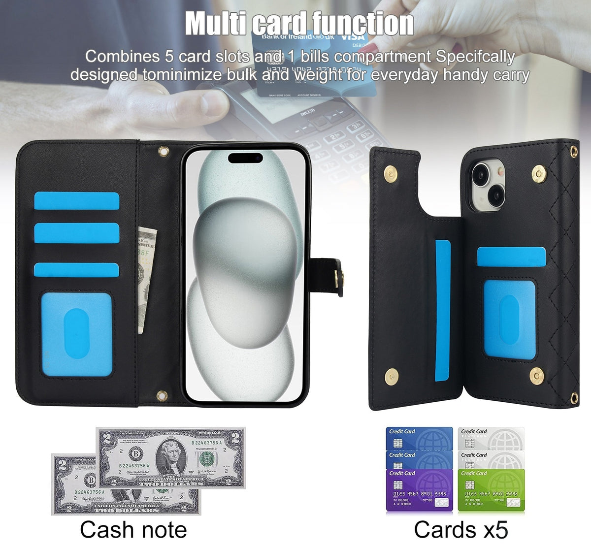 ELECTROPRIME For iPhone 15 Crossbody Multifunction Rhombic Leather Phone Case(Black)