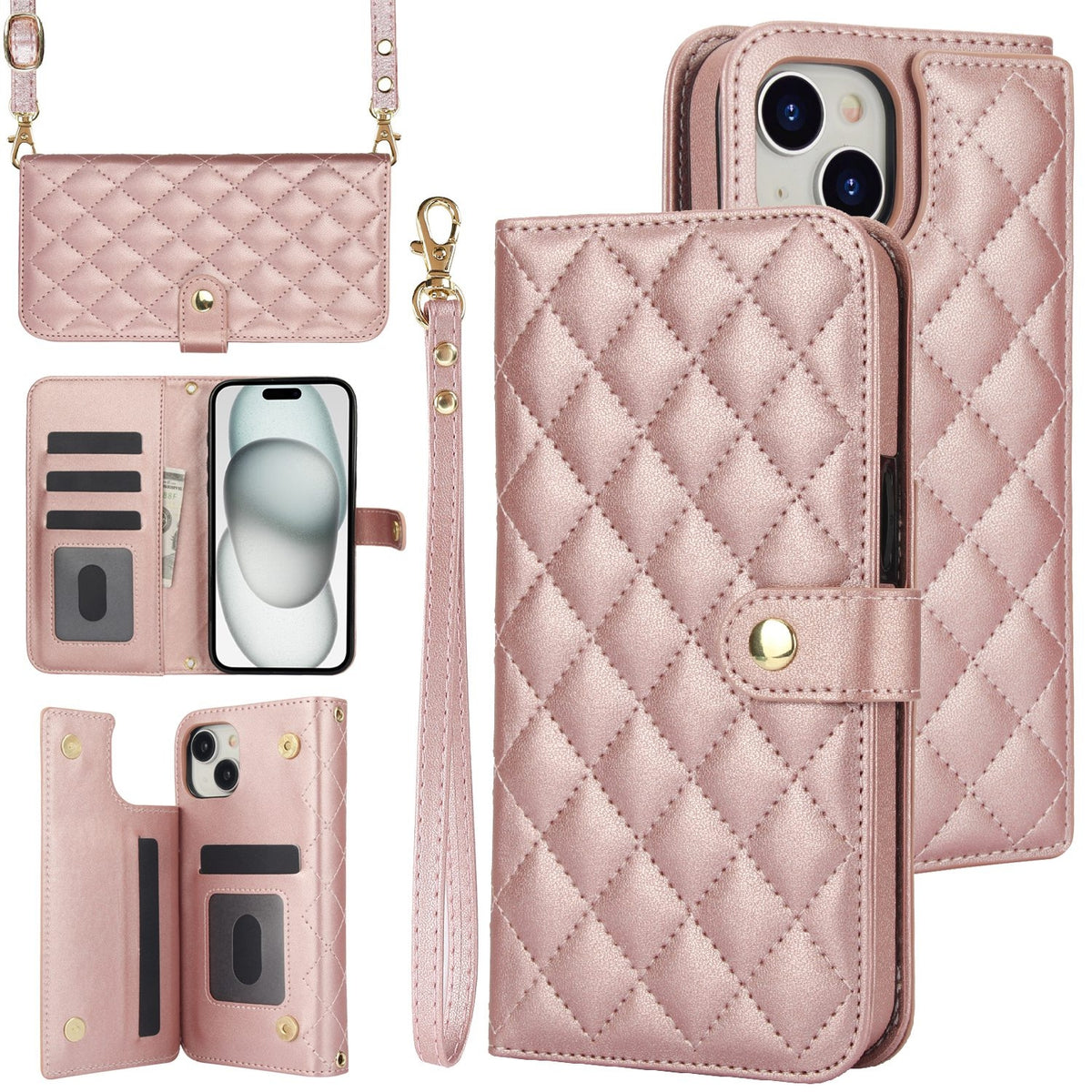 ELECTROPRIME For iPhone 15 Crossbody Multifunction Rhombic Leather Phone Case(Rose Gold)