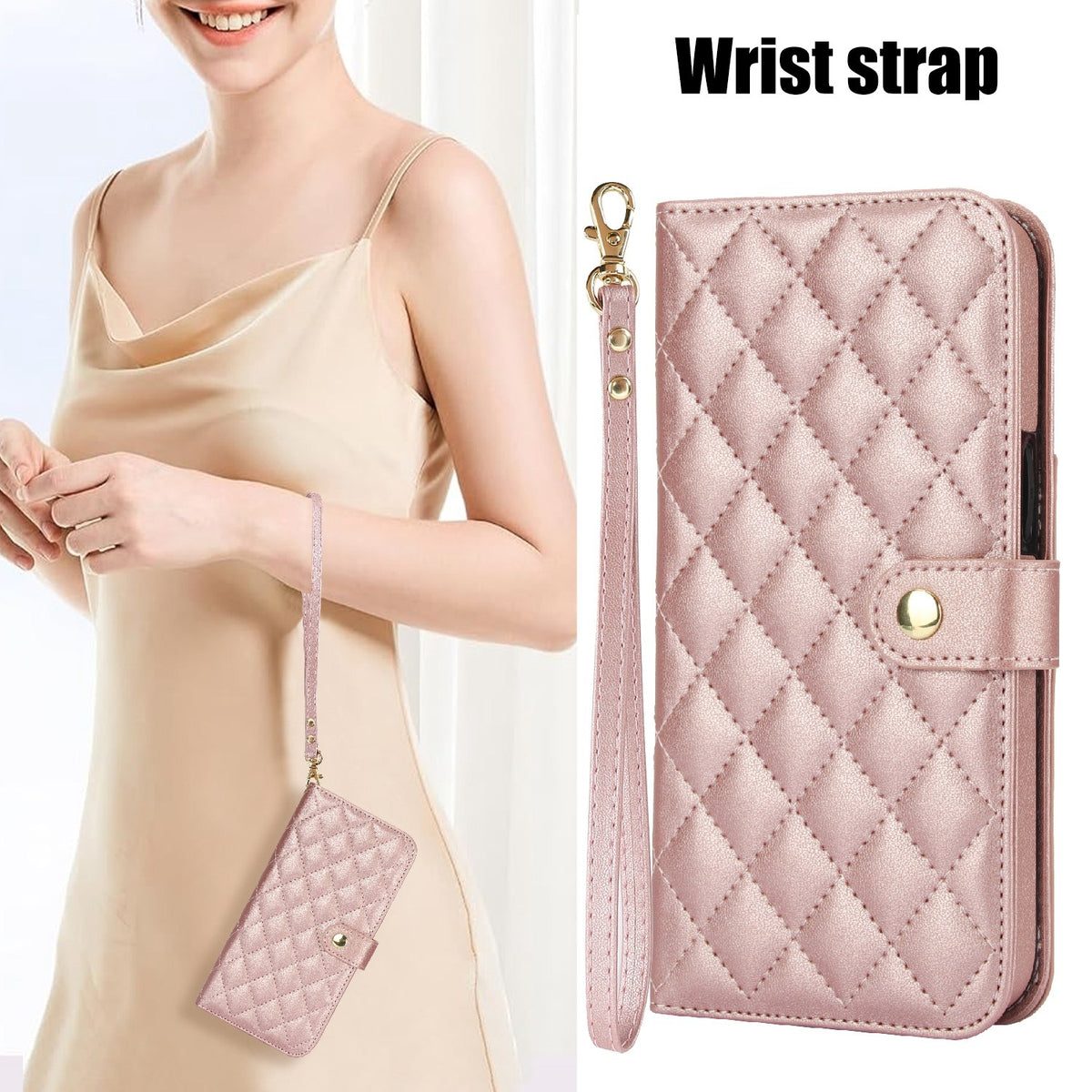 ELECTROPRIME For iPhone 15 Crossbody Multifunction Rhombic Leather Phone Case(Rose Gold)