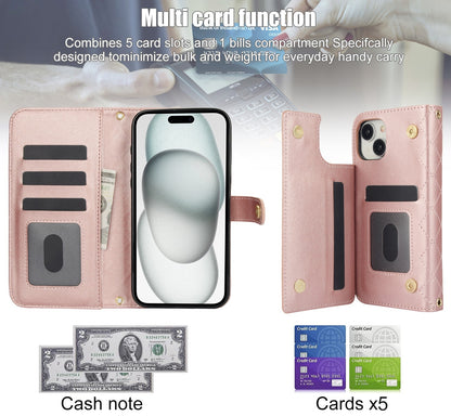 ELECTROPRIME For iPhone 15 Crossbody Multifunction Rhombic Leather Phone Case(Rose Gold)