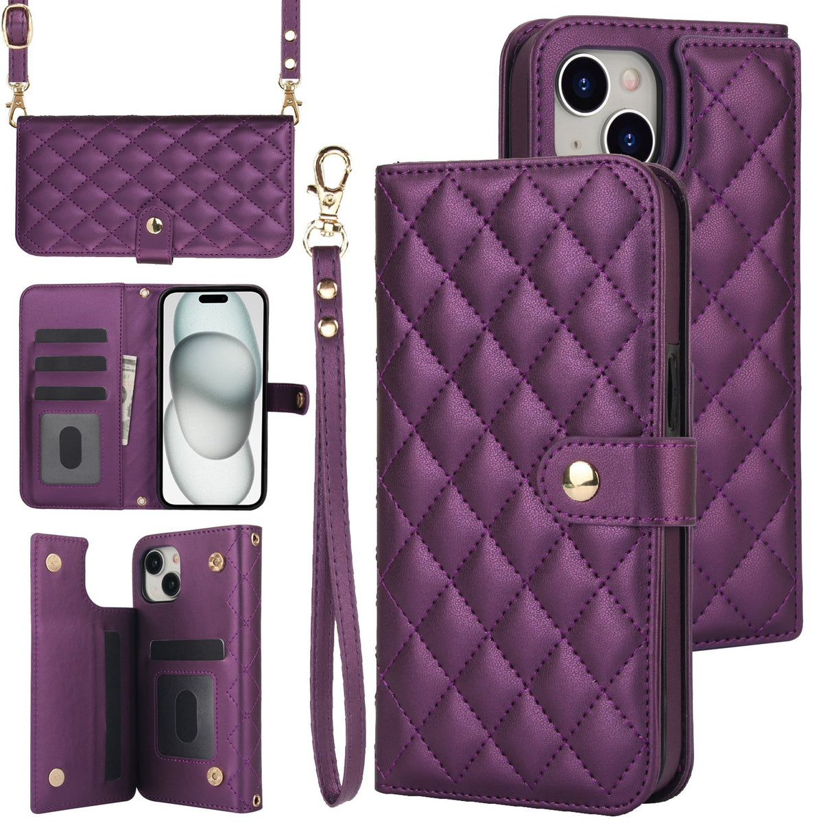 ELECTROPRIME For iPhone 15 Crossbody Multifunction Rhombic Leather Phone Case(Dark Purple)