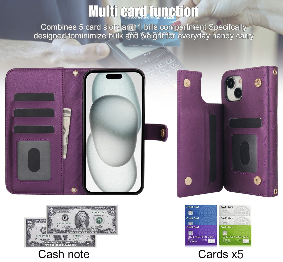 ELECTROPRIME For iPhone 15 Crossbody Multifunction Rhombic Leather Phone Case(Dark Purple)