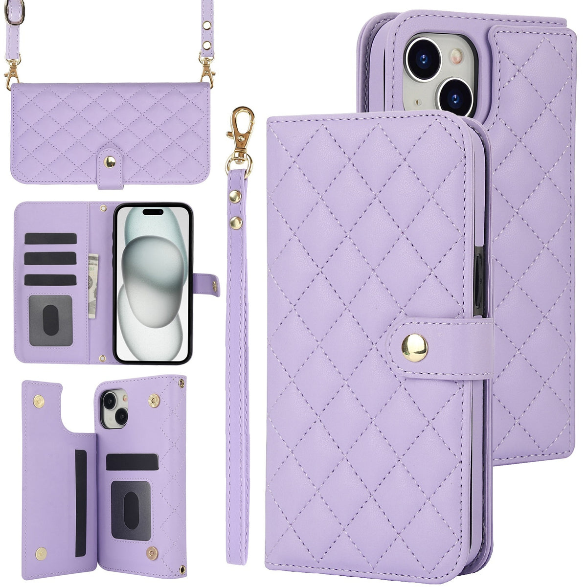 ELECTROPRIME For iPhone 15 Crossbody Multifunction Rhombic Leather Phone Case(Purple)
