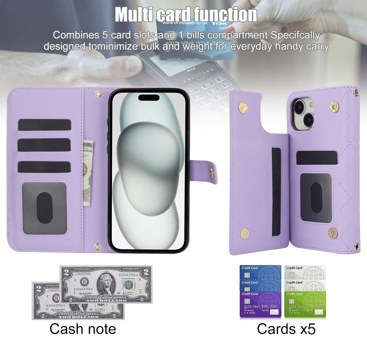 ELECTROPRIME For iPhone 15 Crossbody Multifunction Rhombic Leather Phone Case(Purple)