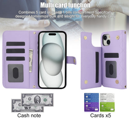 ELECTROPRIME For iPhone 15 Crossbody Multifunction Rhombic Leather Phone Case(Purple)